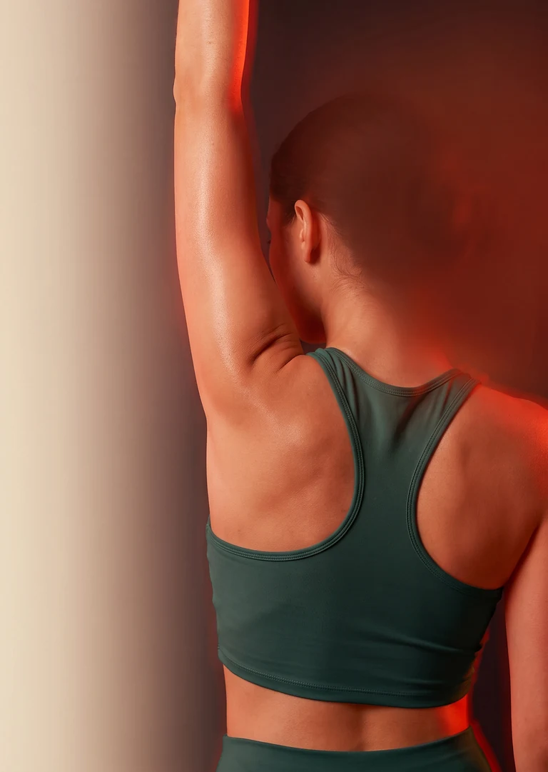 Een vrouw, op de rug gezien, strekt haar arm omhoog in een warme, roodoranje gloed.